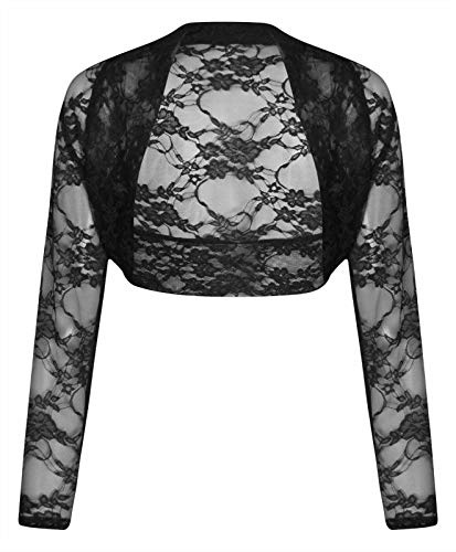 Candid Styles Womens Long Sleeve Lace Detail Ladies Bolero Cropped Shrug Top Cardigan 8-26, One Size 8-14, Black - Long Sleeve Cropped Shrug Cardigan