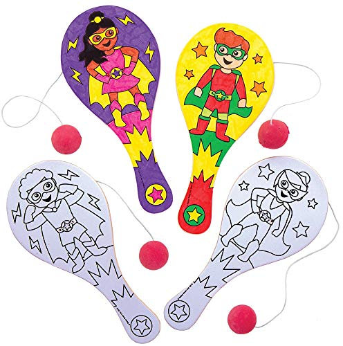 Baker Ross AT894 Paddleball-Spiel mit Helden zum Ausmalen, 5 Stück, Sterne, Helden, Schläger mit Ball an Gummischnur für Kinder, Bastel-Aktivitäten, Mittel