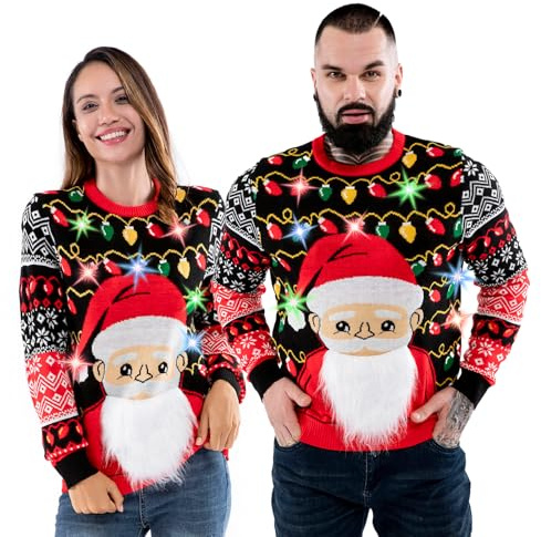 U LOOK UGLY TODAY Men's Ugly Christmas Jumper Funny, Cool LED Fairisle Xmas Sweater Top - Santa Shine