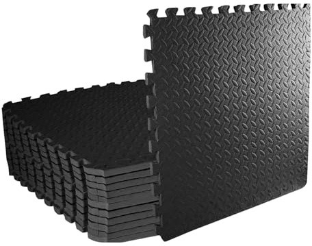 12 Pcs Soft Foam Exercise Floor Mats 60 x 60 x 1.1 cm, Black Interlocking EVA Puzzle Gym Flooring Tiles with Non Slip Cushion for Home Workout, Kids Play, Yoga, Garage and Exercise Equipment