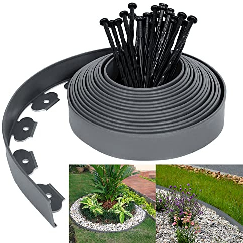 YRHome Flexible Rasenkante Kunststoff 10m mit 30 Erdanker Beeteinfassung Beetumrandung Rasenkanten Blumenbeet Umrandung Mähkante Pflastersteine Palisade Grau