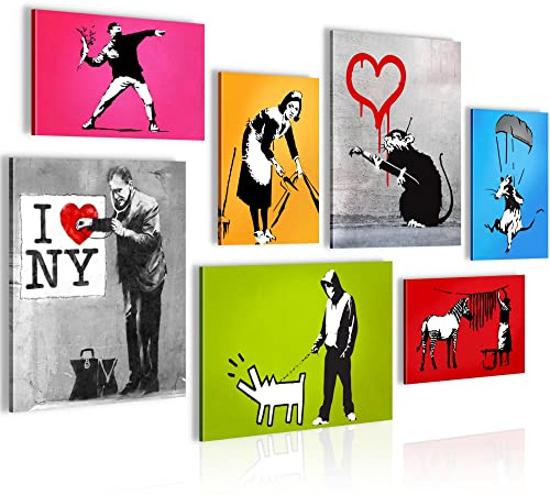 Novart Wandbilder Banksy Collage - KOMPLETT AUFHÄNGFERTIG - Bunt Wohnzimmer Büro - 7 Moderne Mood-Bilder - N022671a