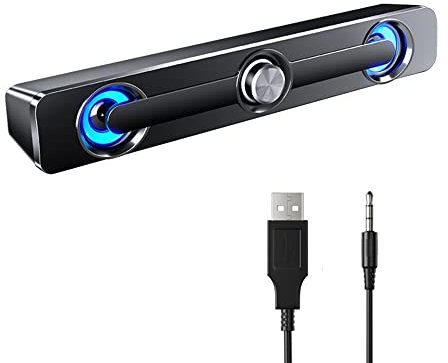 Etlephe Soundbar per PC/Laptop,Casse PC,Altoparlante da Gioco Con Fantastiche Luci LED,Alimentazione USB, Jack da 3,5 mm, Altoparlanti PC per Computer, Mobile, Tablet,laptop