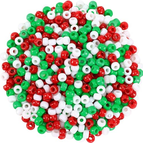 UPINS Set mit 1.200 kleinen Plastik-Weihnachtsperlen für Bastelarbeiten - Perlen für Haare - Rot/Grün/Weiß - Collierzubehör (Weihnachten)