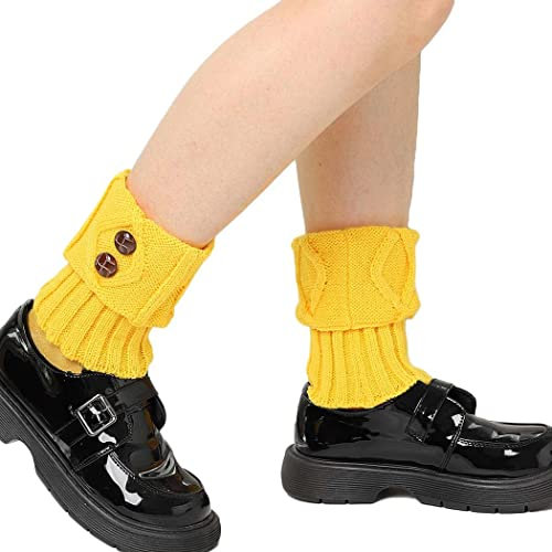 Jerany Kurze Stiefel Socken Wärmer Häkeln Strickstiefel Bündchen Beinstulpen Socken Knopf Stiefel Topper für Frauen und Mädchen, gelb, Einheitsgröße