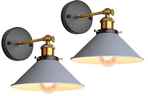 iDEGU 2 Piezas Lámparas de Pared Retro, 22cm Vintage Aplique de Pared Interior de Metal Diseño Paraguas Ajustable Lámpara de Techo E27 Iluminación para Dormitorio, Salón, Pasillo, Cocina (Gris)