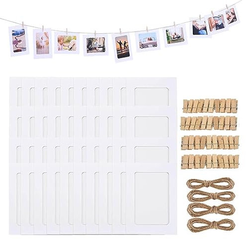 40 stücke Fotorahmen aus Pappe, Fotorahmen aus Pappe für 11.5 * 15.5 cm Foto, Kreativer Papier-Bilderrahmen mit Mini Holzklammern und Hanfseil, DIY, Collage zum selbst gestalten (Weiß)
