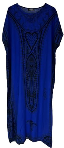 Abito Lungo Maxi Caftano Donna Cotone Abito Estivo Dashiki Telo Spiaggia Africana Taglia Unica, Blu, Taglia unica