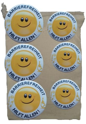 Anstecker BARRIEREFREIHEIT HILFT ALLEN. Mit Smiley. Für die Forderung nach besserer Gestaltung des allgemeinen Lebensumfeldes. Inklusion einfordern. Ansteckbuttons mit Nadel