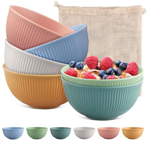 FUNYKICH 6 x Plastic Bowl Set, 800 ml Cereal Bowls, Salad Bowls, Unbreakable & Reusable & Durable & Microwave Safe & Dishwasher Safe, Camping Bowl with Bag [BPA Free]