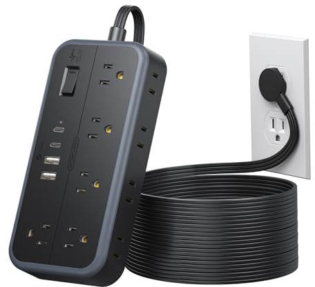 NTONPOWER Surge Protector Power Strip 15 Ft Cord, 10 Widely Spaced Outlets, 4 USB Port(2 USB C Port), Ultra Thin Flat Plug Extension Cord 15 Feet, 2700J Surge Protection for Home Office Garage, Black