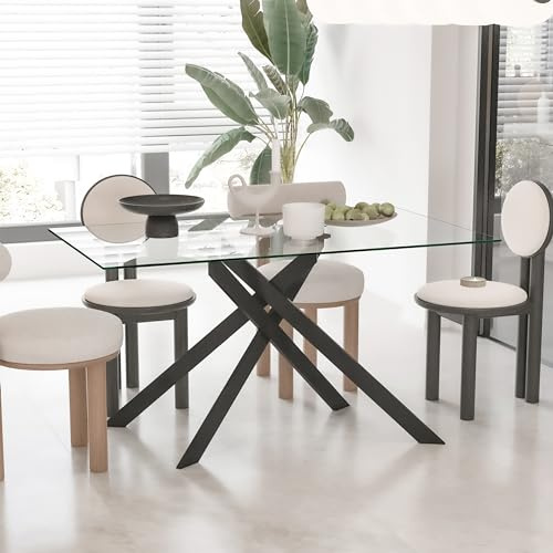 Glass Dining Table for 4 People, 51.2 Inches Rectangular Glass Kitchen Table with Black Steel Legs, Modern Dining Room Table for Dinner Kitchen Dining Room