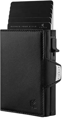 KIDMAN Icarus I Echtleder Slim Wallet mit Alucase I großes Scheinfach I Kleines Portemonnaie für Herren mit RFID I Mini Geldbörse für Männer I Kartenetui für bis zu 9 Karten I Schwarz