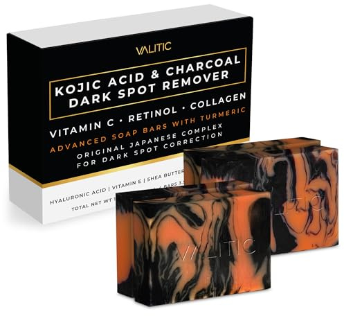VALITIC Charcoal Kojic Acid Turmeric Black Soap Bar Dark Spot Remover for Body or Face Wash - 4 Pack