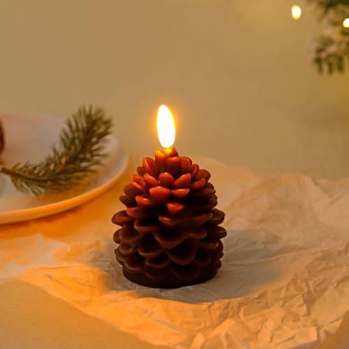 Pinecone Flameless Candle Wax Material Construction Remote Control Included Battery Operated Brown Soy Candle Pack Winter Votive Candle Holders (Brown, One Size)