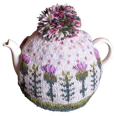 Pachamama Handknitted Medium 4-6 Cup 1.2L Wool Tea Cosy Teapot Cover - Scots Thistle Embroidered Pattern Insulated Handmade Fair Trade Multicoloured