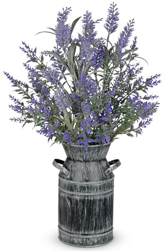 Arborus Artificial Lavender Plants in Rustic Metal Vase 45cm Tall Fake Lavender in Vintage Galvanized Planter Purple Faux Flowers for Table Centerpieces Home Farmhouse Kitchen Decor