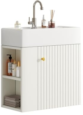 HAINEW Waschtisch mit Unterschrank 55 cm Badmöbel Set Waschbecken mit Unterschrank, Hängend Planetmöbel Badmöbel Set 2-teilig mit 1 Tür und seitliches Staufach, 55×31×66,5cm (Weiß)