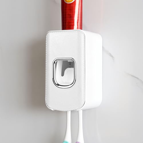Zahnbürstenhalter mit 2 Schlitzen und wandmontierter Zahnpastaspender, automatischer Zahnpasta-Entsafter, 2-in-1-Zahnpasta-Organizer für die Dusche, Weiß