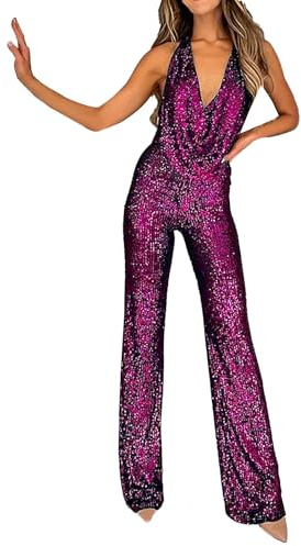 Damen Jumpsuit Glitzer Eleganter - Overall Pailletten Halter Frauen Sexy Playsuits Cowl-Ausschnitt Clubwear Ärmellos Elegant Bodycon Weite Hosenbeine Strampler Für Casual Party Festival Outfit