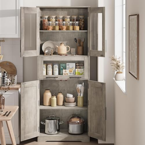 Litake Badezimmerschrank, Badschrank Schmaler Badschrank mit 4 Türen, Verstellbarer Ablage& 1 Schublade, Hochschrank Küchenschrank, 60x30x170cm,Grau