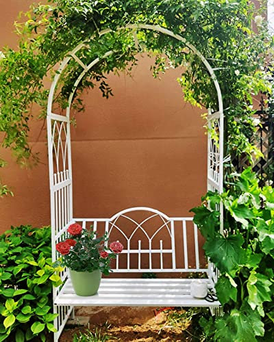 Arche de jardin en métal avec banc, arche de fleurs blanches pour plantes grimpantes, décoration d'événement décoratif avec roses noires et blanches, pergola d'extérieur durable pour les fêtes
