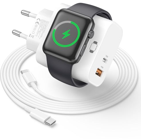 Apple Watch Ladegerät, 20W USB C Ladegerät Ladekabel Steckdose Netzteil Dual Ports mit Kabel 2M, 3 in 1 Ladestation mit A-pple Watch 10/9/8/7/Ultra, iPhone16 15 Plus Pro Max, iPad Pro/Air/iPad mini