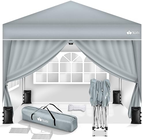 tillvex® Pavillon 3x3m Wasserdicht mit 4 Seitenteilen & 4er Set Sandsäcke | Pop-Up Faltpavillon Stabil & Winterfest | Gartenzelt Höhenverstellbar UV 50+ | Partyzelt mit Tasche Garten Camping Festival