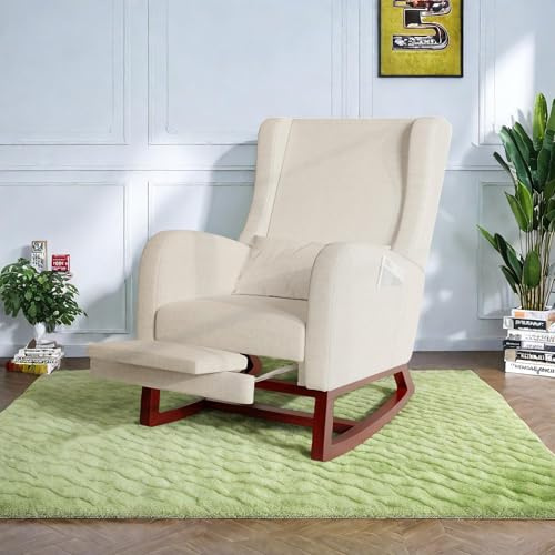 Poeahu Gångstol, amningsstol, avkoppling, gungstol, med fotstöd, ländryggskudde och 2 sidofickor, för vardagsrum, sovrum, sammet, beige