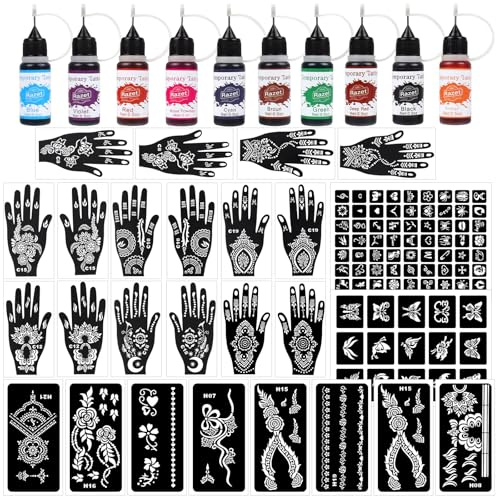 Kit Tatuajes Temporales Adultos 10 Colores Tinta Tatuaje PersonalizadoTemporales (0.5oz/Botellas),102 Piezas Grandes Mediano,Pequeño Plantillas Tattoo kit Tatuajes Temporales Falsos de Bricolaje
