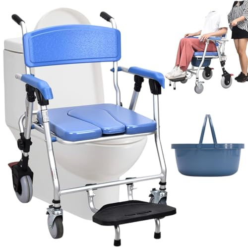 Duschstuhl Mit Rollen Toilettenstuhl Für Senioren Klappbar | Toilettenrollstuhl Mit Armlehne Rückenlehne Toiletteneimer,Duschstuhl Mit Rollen Für Behinderte Senioren,Bis 150kg (Blau, 90X63X55cm)
