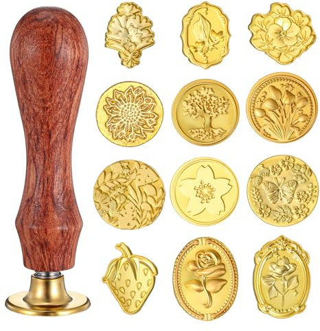 Guduling 12pcs Wax Seal Stamp with Wooden Handle, Sealing Wax Stamp, Wax Stamps for Envelopes, Invitations, Cards, Gift Packing (12 Styles)
