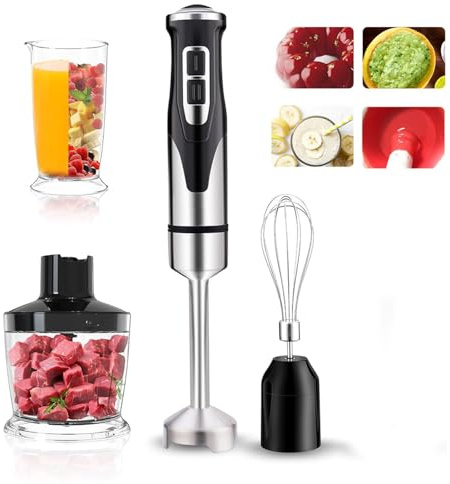 2000W Hand Blender - 4-in-1 Immersion Blender with Stainless Steel Blades, 2-Speed + Turbo, Includes Chopper & 500ml/600ml Cups for Smoothies, Purees, Soups, and Sauces
