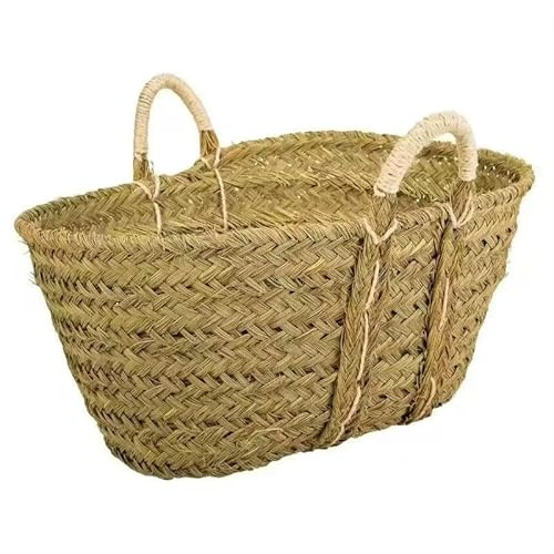 Cesto de Esparto Natural, Capazo de Esparto con Asas Decorativo Ovalado con Asas de Pita, Leñero Decorativo para Chimenea Capazo Fibra Natural Sostenible Cesto para Leña (68 * 55 * 42)