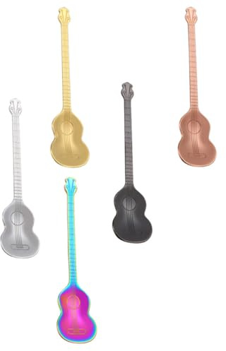 LALADEFIEE Lot de 5 Cuillères de Restaurant en Acier Inoxydable Forme Guitare Couleurs Variées Cuillères à Café et Dessert Polyvalentes Cuisine et Pâtisserie