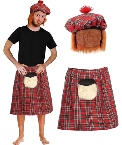 Skotska supporters kostymset för vuxna – röd tartan kilt & matchande Tam O'Shanter-hatt med fäst hår – Skottland fotbollsfans maskeradklänning för matcher, evenemang och fester