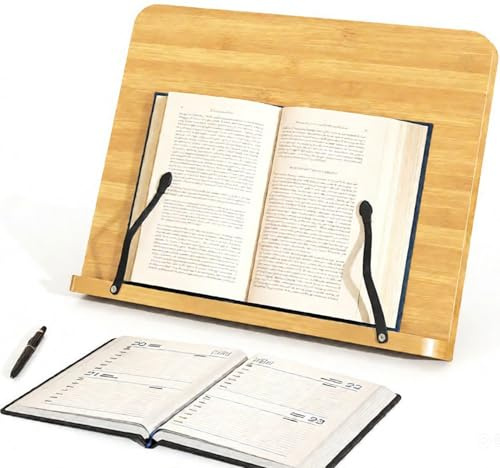 REHOOF Leggio da Tavolo Regolabile in Legno con Tiranti Ferma-Carte,Supporto per Ricettario,Libro,Smartphone,Tablet,Spartiti,Riviste,8 Angoli di Inclinazione Regolabili,Cucina,Ufficio,Studio 28×20cm