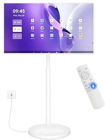 Smart TV portatile con display touchscreen, ruote girevoli, webcam integrata, sistema operativo Android, alta RAM e archiviazione, batteria a lunga durata, rotazione completa per casa e ufficio