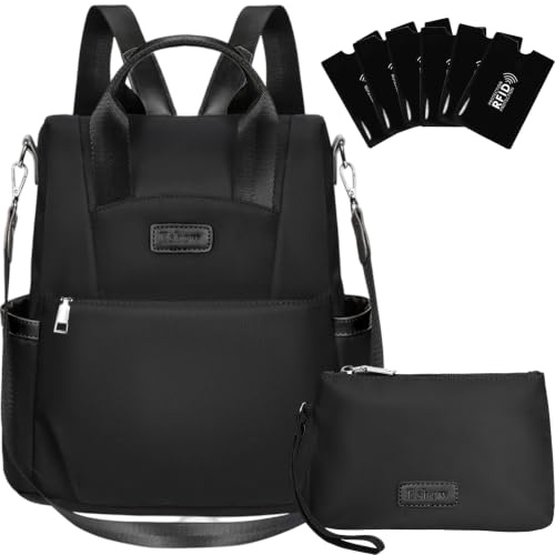 Eshow Rucksack Damen Diebstahlschutz inkl. RFID Clutch Bag 3-in-1 Schwarz | Cityrucksack Klein für Freizeit Alltag Pendeln Schule Arbeit Reisen Büro Einkaufen, Wasserabweisend, Elegant für Frauen