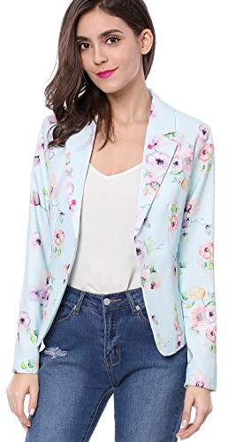 Allegra K Donna Giacca Blazer Base Stampato Floreale Manica Lunga Apertura Frontale Blu-Floreale M
