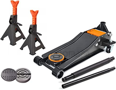 Juego Gato carretilla doble piston perfil bajo 3,5 toneladas (3500kg) + dos caballetes 6 ton