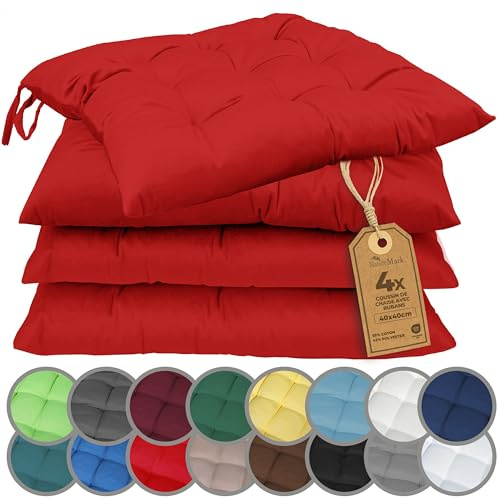 NatureMark 4er Set Stuhlkissen mit Bändern 40x40 cm – Gefüllte Sitzkissen, Outdoor & Indoor – Rot