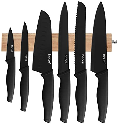 hecef Kitchen Knife Set & Magnetic Knife Bar Bundle: 6 Stainless Steel Knives with Matching Sheaths + 12 Inch Acacia Wooden Wall Rack – Black Oxide Anti-Rust Blade Set for Home Kitchen