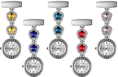Avaner Pflegeruhr Krankenschwesteruhr Blumen Design FOB Analog Quarzwerk pulsuhr Ansteckuhr Unisex Silver schwesternuhren mit Pin/Clip Set ausziehbar Arzt Doktor Medical Taschenuhr