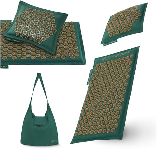 4FIZJO Akupressurmatte & Kissen ECO, 68x42x2 cm, mit Tragetasche, Umweltfreundliche Materialien, 6750 Stacheln, Massagematte für bessere Durchblutung, Muskeln Entspannung, Farbe: Grün und Gold