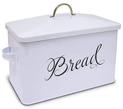 Better Kitchen Products Classic Metal Bread Box with Side Handles, Large Capacity (2 Bread Loaves), Farmhouse Bread Bin for Kitchen Countertop, Steel Bread Storage Container with Lid, White