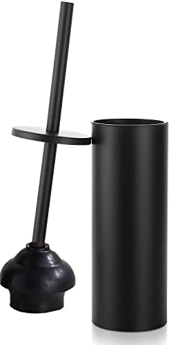 Black Toilet Plunger with Holder Bathroom Metal Canister Holder Drip Cup, Heavy Duty, Deep Cleaning