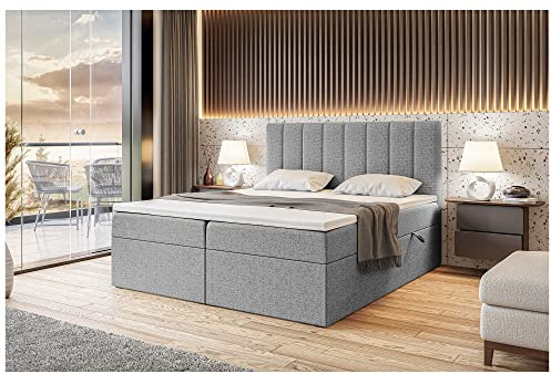 MEBLINI Boxspringbett mit Bettkasten - 180x200 - Gepolstert Doppelbett mit Matratze und Topper - Polsterbett mit Stauraum - Bett mit Kopfteil - Stauraumbett - Erling - H3/Grau Webstoff