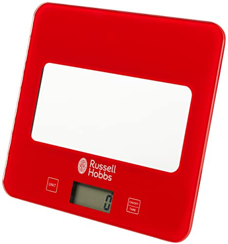 Báscula Digital de Cocina Russell Hobbs RH01571ARl, máx. 5 kg, Medidas imperiales/métricas, Panel táctil, Pantalla LCD, Plataforma de Vidrio, Pilas Incluidas, 5 años de protección, roja