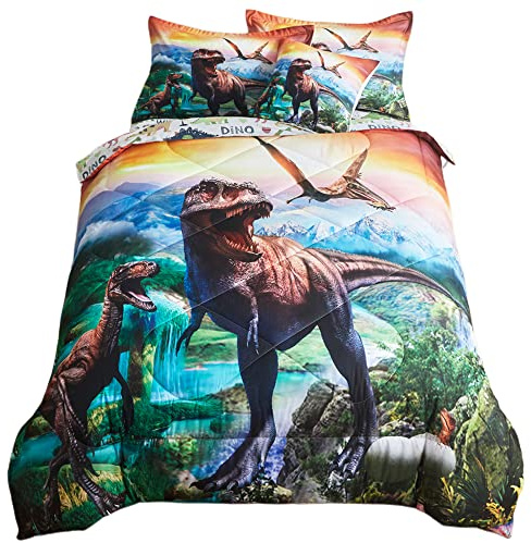 ADASMILE A & S 6 Pieces Kids Boys Dinosaur Comforter Set Full Size 3D Jungle T-Rex Dino Printed Bedding Sets with Colorful Dinosaurs Bed Sheets and Pillowcases Soft Lightweight All Season Room Decor